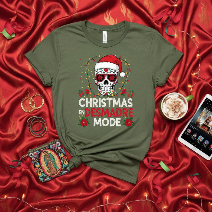 Christmas En Desmadre Mode Sugar Skull Shirt, Funny Mexican Christmas T-Shirt, Santa Hat Calavera Tee, Xmas Lights Poinsettia Graphic Holiday Unisex Apparel, Desmadre Mode Tee Gift