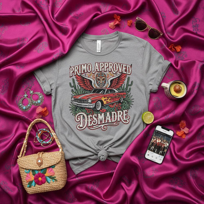 Primo Approved Desmadre T-Shirt, Lowrider Car and Skull Wings Graphic Tee, Unisex Chicano Style Apparel, Vato Loco Slogan Shirt, Mexican Culture Inspired Streetwear