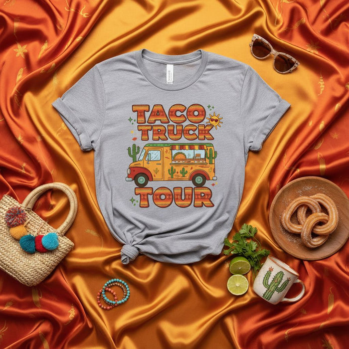 Taco Truck Tour T-Shirt: Retro Groovy Foodie Graphic Tee, Unisex Funny Mexican Street Food Summer Vacation Shirt with Cactus Sun Design, Festival T-shirt Gift for Taco Lovers