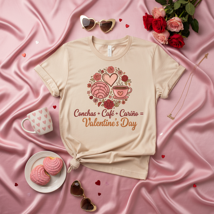 Conchas + Café + Cariño = Valentine's Day Unisex T-Shirt: Hispanic Love Shirt, Pan Dulce Concha Coffee Valentines Day Gift for Her, Pink Floral Design Tee
