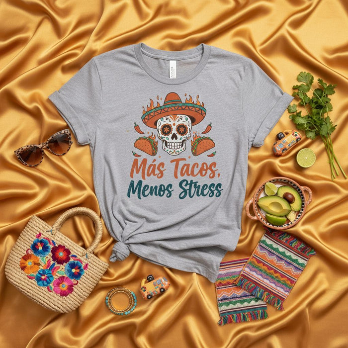 Más Tacos Menos Stress Shirt, Day of the Dead Sugar Skull Sombrero Tacos Unisex Tee, Funny Mexican Food Lover Graphic T-Shirt, Cinco de Mayo Apparel