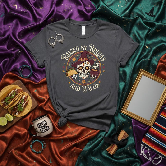Raised by Brujas and Tacos T-Shirt, Sugar Skull Witch Hat Tee, Day of the Dead Dia de Muertos Gift, Halloween Spooky Latina Mom Shirt, Funny Witchy Taco Lover Graphic Unisex Shirt