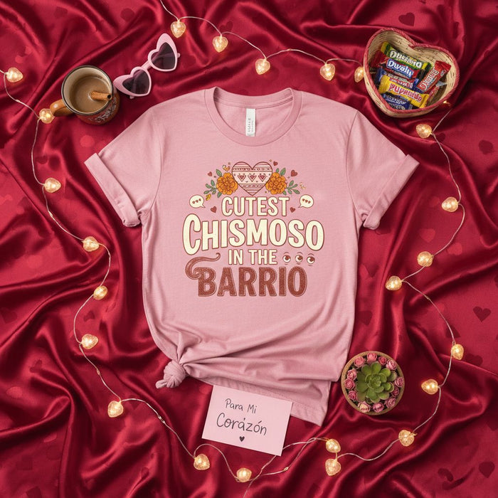Cutest Chismoso in the Barrio T-Shirt, Funny Spanish Gossip Tee, Cute Floral Heart Design, Gift for Him or Her, Unisex Shirt