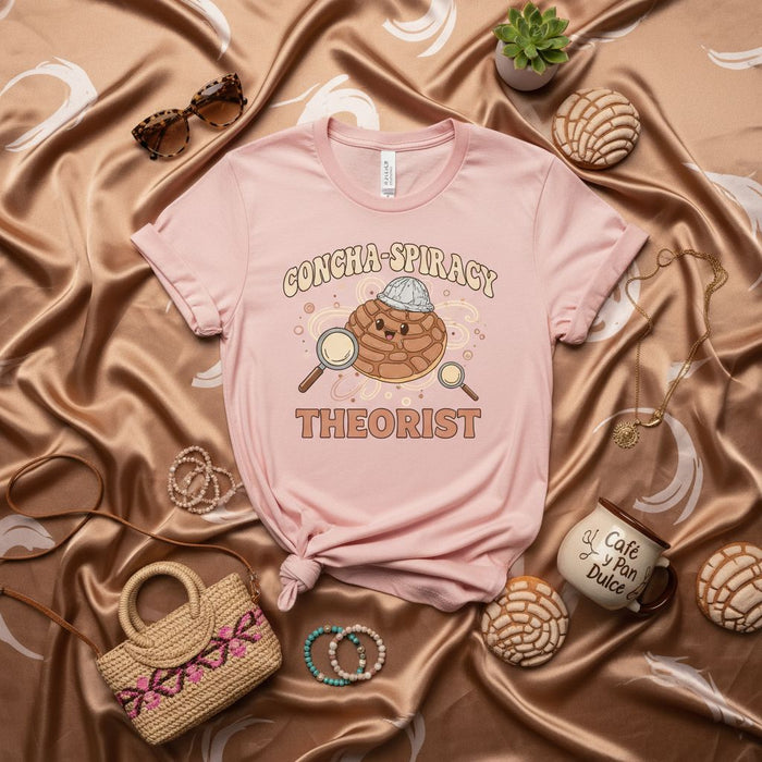 Concha-Spiracy Theorist T-Shirt: Funny Mexican Concha Bread Detective Pun Tee, Unisex Graphic Shirt for Pan Dulce and Latinx Food Lovers