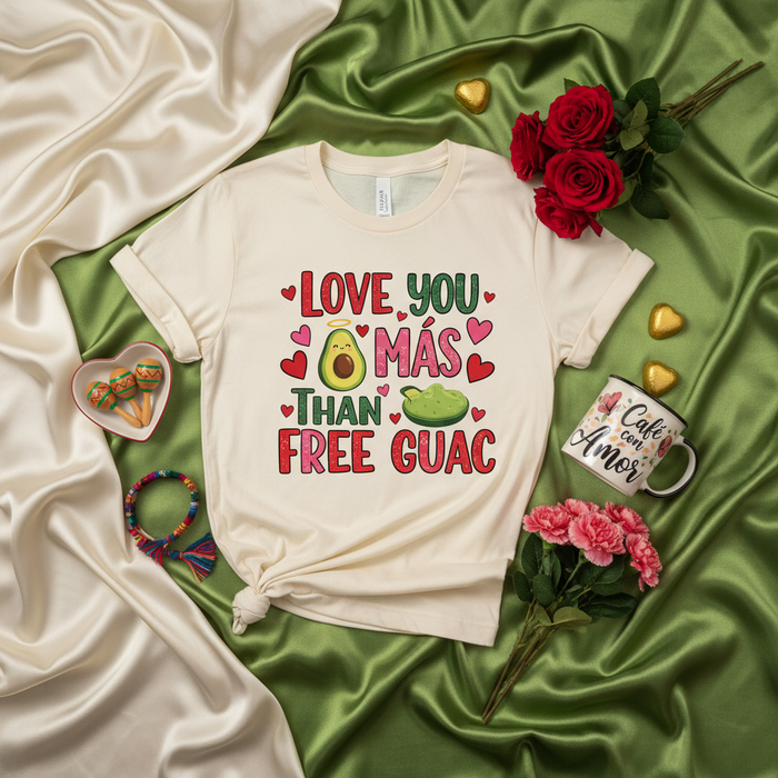LOVE YOU MÁS THAN FREE GUAC T-Shirt, Funny Guacamole Lover Tee, Avocado Pun Shirt, Valentine's Day Gift, Foodie Shirt, Unisex Graphic T-Shirt, Gift for Her Him, Spanish English Love Shirt