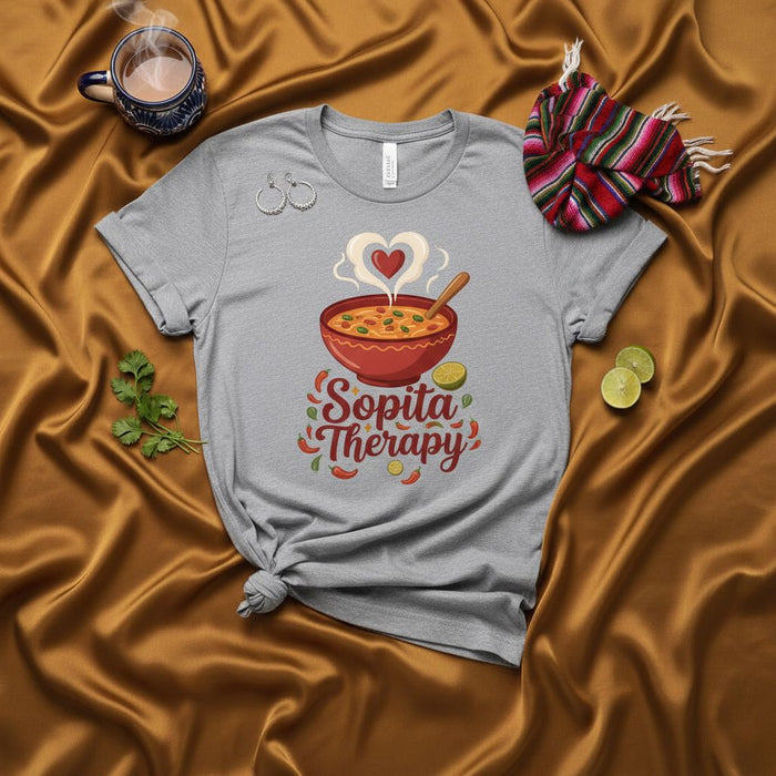 Sopita Therapy T-Shirt: Cozy Comfort Food Tee with a Steaming Bowl of Soup & Heart Design, Unisex Graphic Top for Soup Lovers