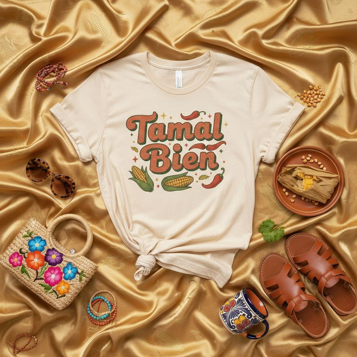 Tamal Bien T-Shirt, Funny Mexican Food Tee, Retro Vibe Corn Tamales Chili Pepper Graphic Shirt, Cute Fiesta Party Top, Spanish Language Gift for Tamale Lovers
