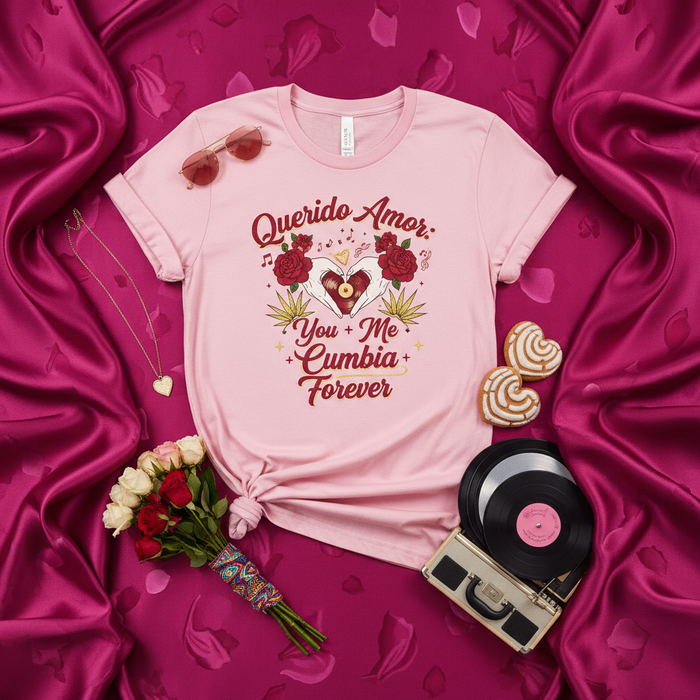 Querido Amor: You + Me + Cumbia Forever T-Shirt, Cumbia Music Lover Tee, Romantic Heart Roses Vinyl Record Design, Latin Music Valentine's Day Gift, Unisex Pink Shirt.