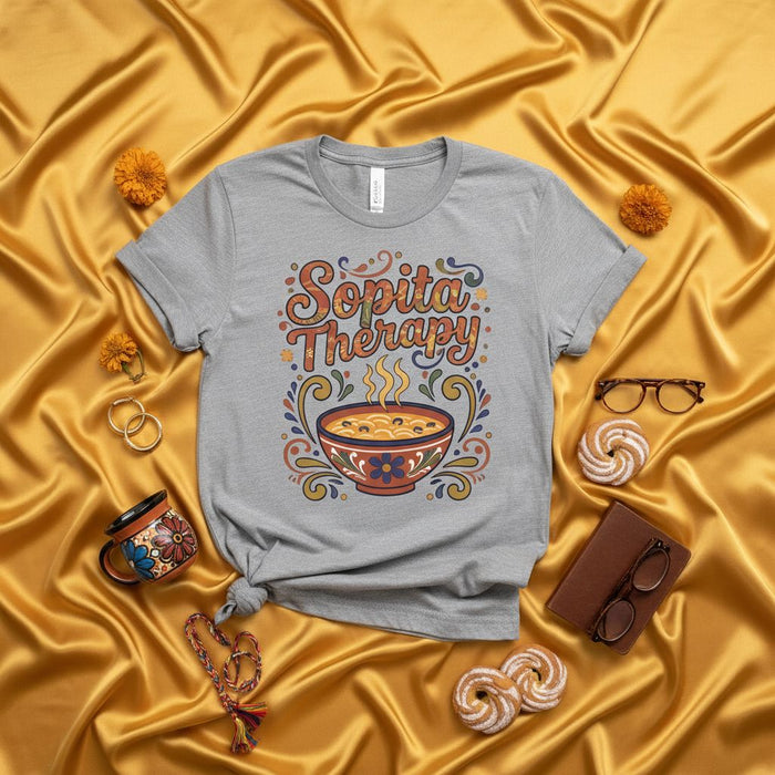 Sopita Therapy Shirt, Funny Latina T-Shirt, Mexican Soup Comfort Food Tee, Hispanic Culture Gift, Short Sleeve Unisex Graphic Shirt with Bowl Design