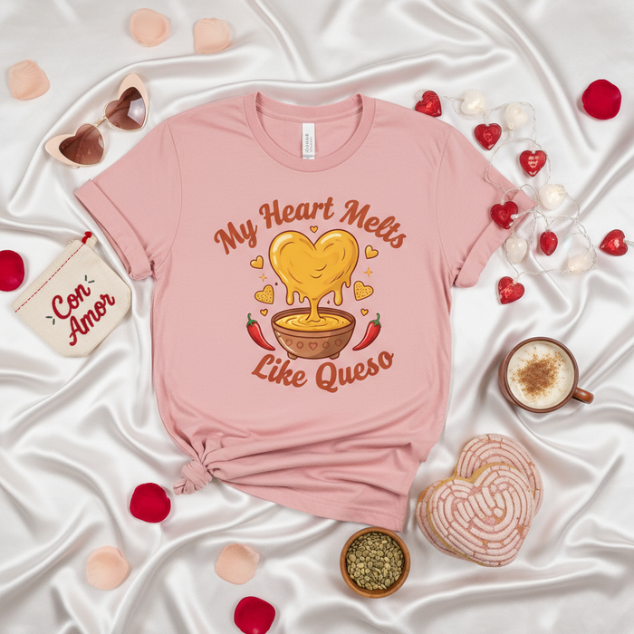 My Heart Melts Like Queso T-Shirt, Cute Valentine's Day Shirt, Funny Mexican Food Tee, Nacho Cheese Heart Love Gift, Con Amor Pink Unisex Shirt