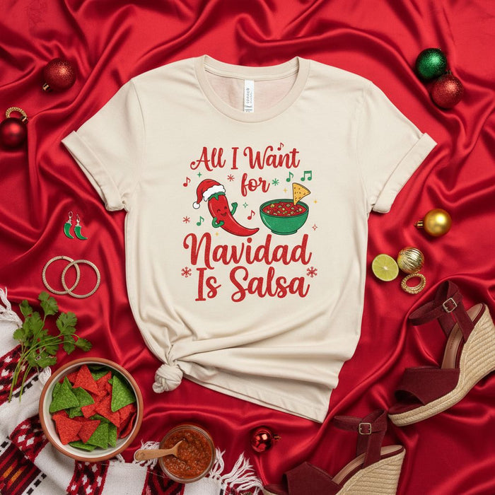 All I Want For Navidad Is Salsa T-Shirt, Funny Christmas Pepper & Chips Fiesta Tee, Holiday Party Top, Mexican Food Lover Gift, Unisex Xmas Shirt
