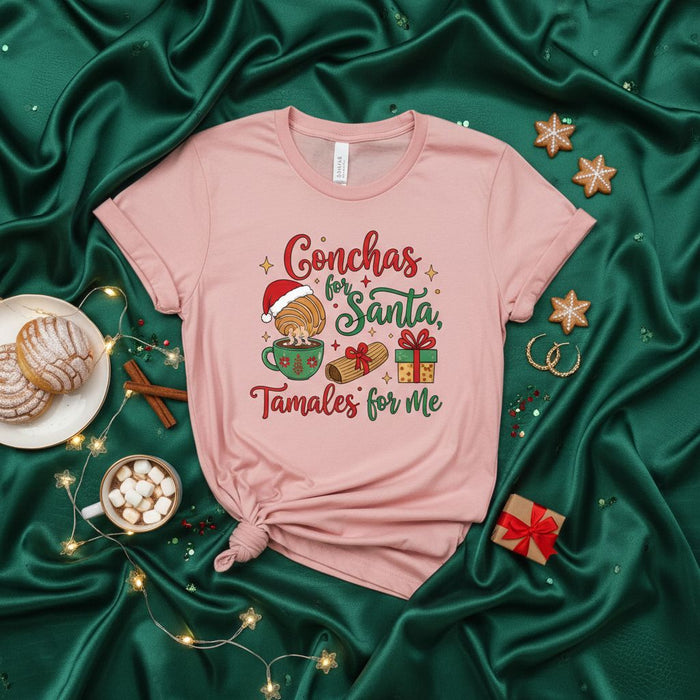 Conchas for Santa, Tamales for Me Christmas T-Shirt, Santa Hat Concha Bun, Tamale & Gift Graphic Tee, Funny Holiday Shirt, Latino Culture Foodie Xmas Gift
