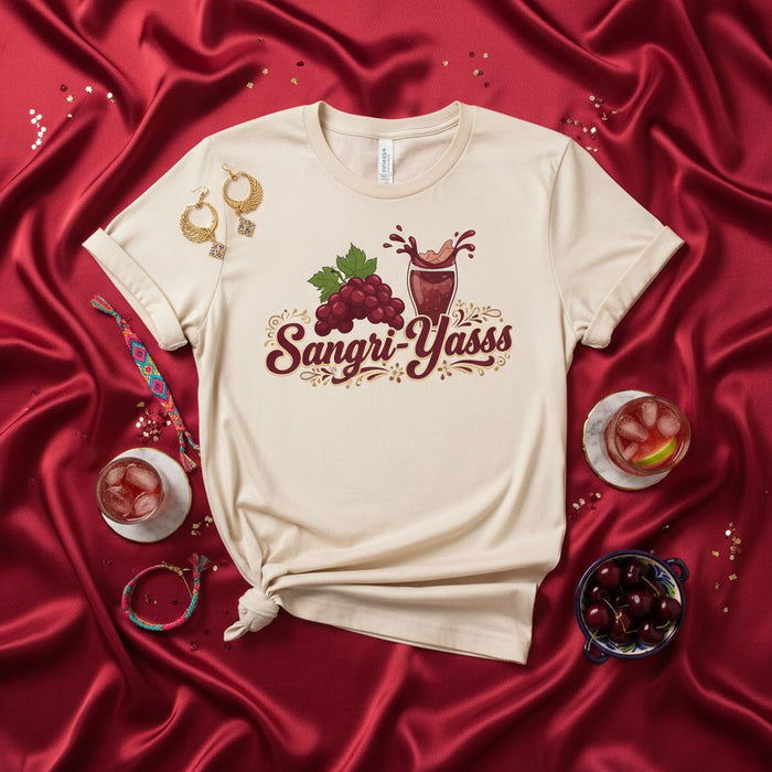 Sangri-Yasss T-Shirt | Funny Wine & Sangria Lover Graphic Tee | Unisex Summer Drinking Party Gift Shirt with Grapes and Cocktail Design