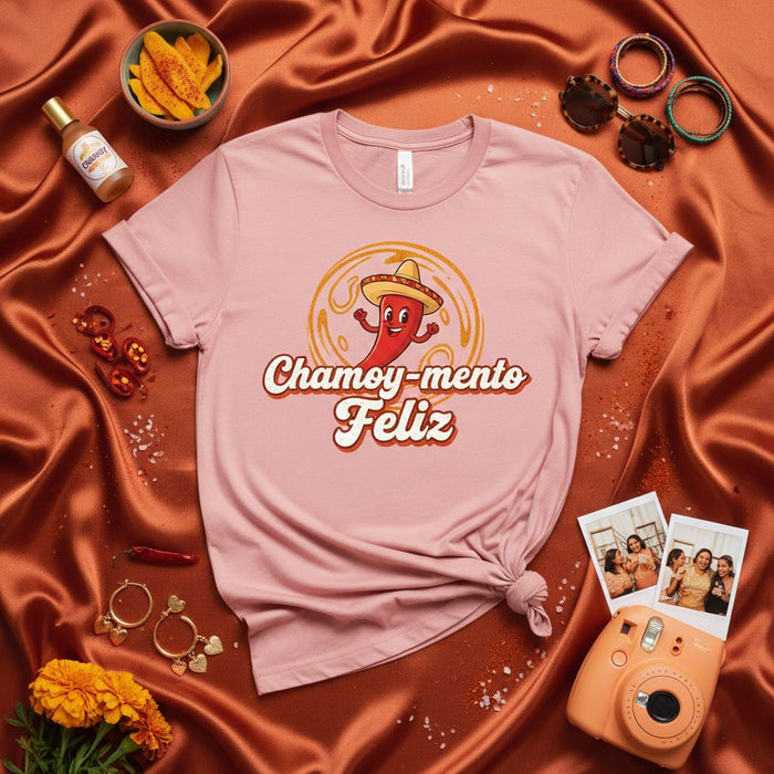 Chamoy-mento Feliz Funny Cartoon Chili Pepper Sombrero T-Shirt, Mexican Candy Sauce Pun Tee, Spicy Snack Food Lover Unisex Shirt, Cute Fiesta Party Apparel Gift Idea