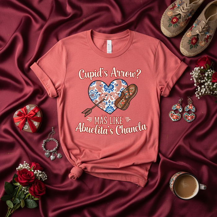Cupid's Arrow? Más Like Abuelita's Chancla T-Shirt | Funny Hispanic Grandma Joke Tee | Mexican Floral Heart Design | Spanish Culture Gift Idea | Unisex Red Shirt