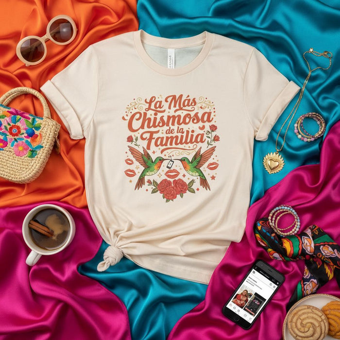 La Más Chismosa de la Familia T-Shirt, Funny Spanish Gossip Tee, Hummingbird Graphic Shirt, Floral Design, Gift for the Family Storyteller, Unisex Latinx Apparel
