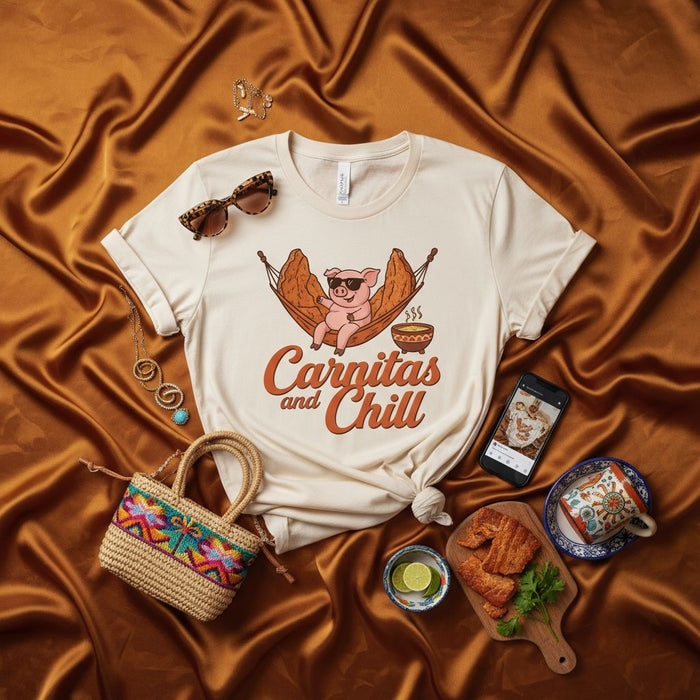 Carnitas and Chill T-Shirt Funny Pig in Hammock Mexican Food Tee Casual Unisex Graphic Shirt Gift for Carnitas Lovers Pork Dish Fan Apparel