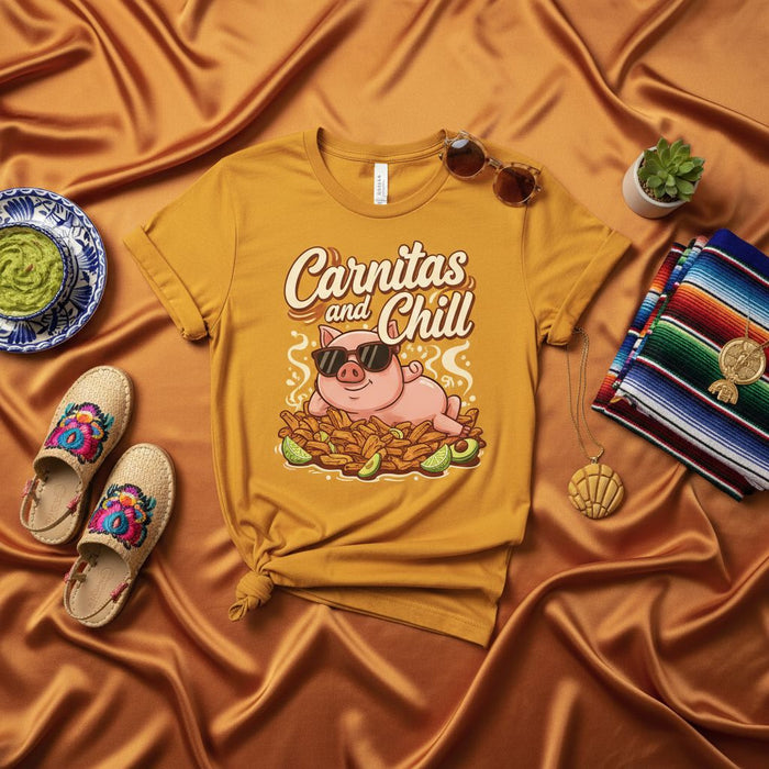 Carnitas and Chill T-Shirt Funny Pig Wearing Sunglasses Resting on Carnitas and Limes Mexican Food Lover Tee Unisex Graphic Shirt Gift Idea