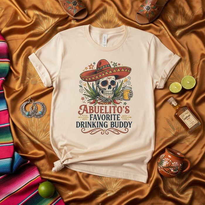 Abuelito's Favorite Drinking Buddy Day of the Dead Skull Sombrero Fiesta T-Shirt, Funny Mexican Grandpa Gift, Unisex Family Party Tee, Dia de Muertos Apparel