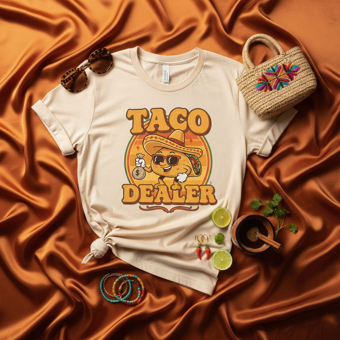 Taco Dealer T-Shirt Funny Retro Cartoon Graphic Tee for Men and Women, Cinco de Mayo Party Shirt, Mexican Food Lover Gift, Unisex Aesthetic T-Shirt