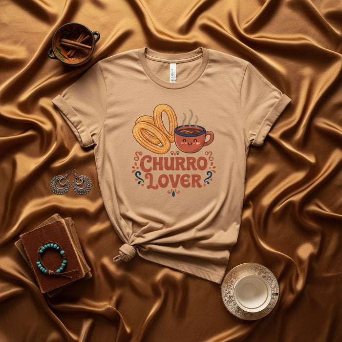Churro Lover Shirt, Cute Kawaii Hot Chocolate Mug Tee, Mexican Dessert T-Shirt, Foodie Gift, Spanish Pastry Snack Top, Unisex Brown Tan Apparel