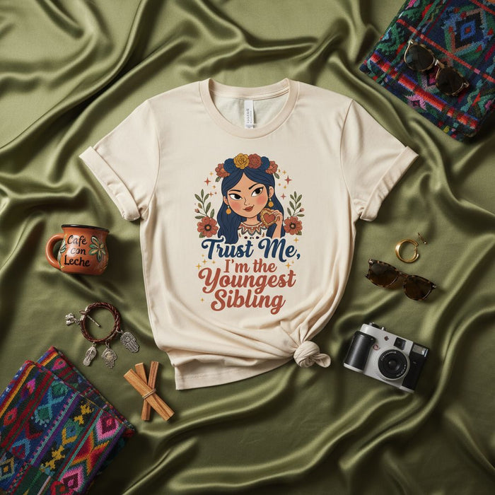 Trust Me I'm the Youngest Sibling T-Shirt, Funny Sister Tee, Floral Portrait Graphic Shirt, Gift for Little Sister, Unisex Sibling Family Humor Top, Youngest Child Gift Idea