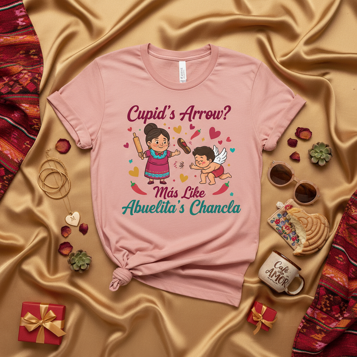 Cupid's Arrow? Más Like Abuelita's Chancla T-Shirt | Funny Hispanic Grandma Valentine's Day Shirt with Rolling Pin & Sandal | Cute Latino Love & Humor Tee Gift