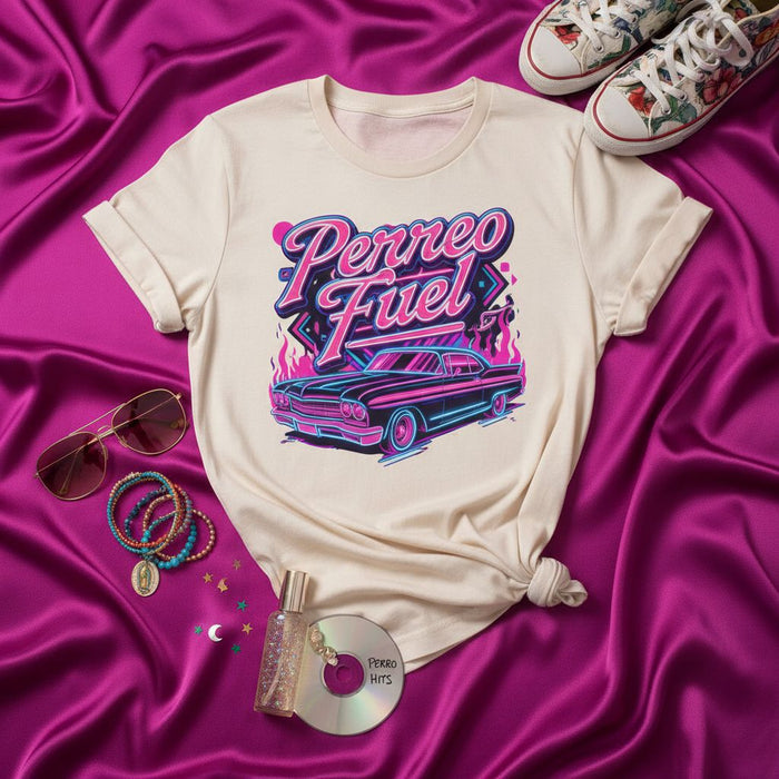 Perreo Fuel T-Shirt, Reggaeton Music Shirt, 90s Vaporwave Aesthetic Lowrider Car Graphic Tee, Neon Pink and Blue Print, Unisex Vibe Top, Perreo Hits CD Vibe, Spanish Phrase Apparel