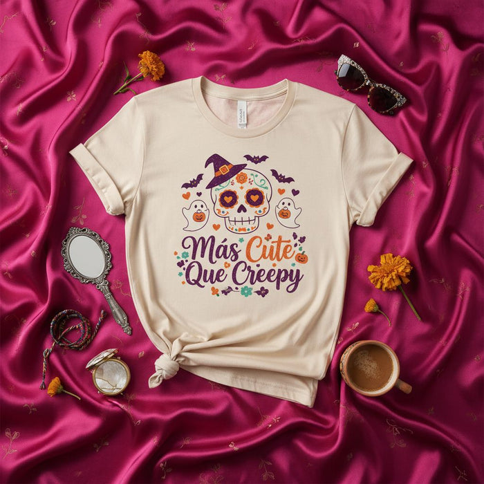 Más Cute Que Creepy Sugar Skull Halloween T-Shirt, Day of the Dead Shirt, Cute Ghost Bats Witch Hat Tee, Unisex Fall Holiday Apparel