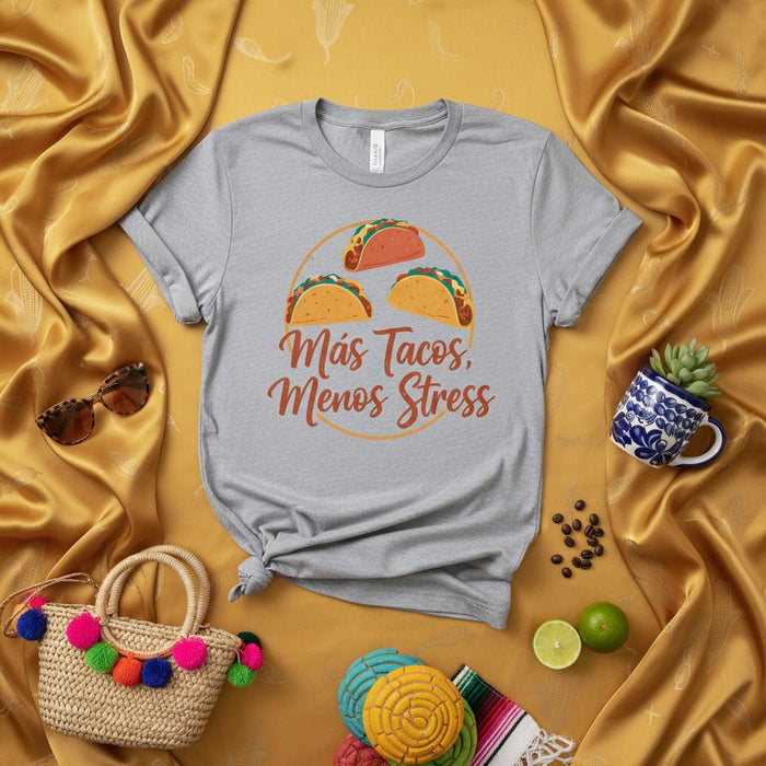 Más Tacos Menos Stress Unisex T-Shirt Funny Spanish Food Lover Tee Shirt Cute Taco Graphic Casual Grey Softstyle Shirt