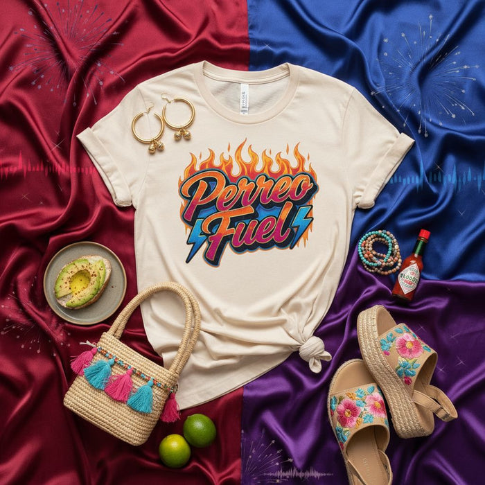 Perreo Fuel Shirt, Reggaeton Music Tee, Fire and Flames Graphic T-Shirt, Latin Party Apparel, Festival Outfit, Unisex Summer Top, Vibrant Colors Design