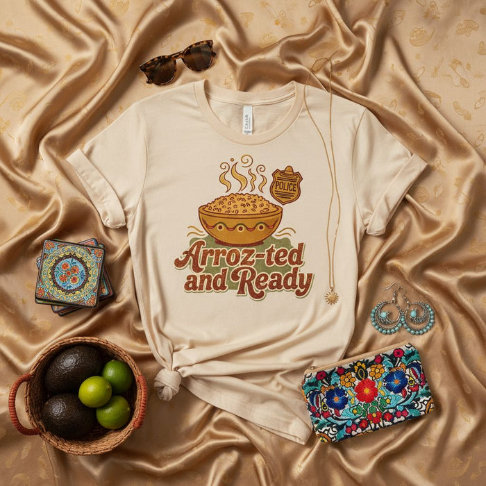 Arroz-ted and Ready T-Shirt, Funny Hispanic Food Pun Shirt, Cute Retro Bowl of Rice with Police Badge Graphic Tee, Unisex Latine Culinary Humor Apparel, Cinco de Mayo Fiesta Shirt Gift Idea
