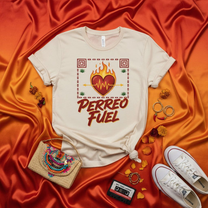 Perreo Fuel Reggaeton Heart Fire Cannabis Graphic Tee, Unisex Short Sleeve Latin Music Dancing T-Shirt, Festival Party Outfit Top