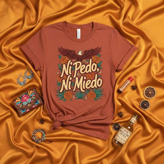 Ni Pedo Ni Miedo Eagle Flowers Mexican Pride T-Shirt, Unisex Rust Color Graphic Tee, Dia de Muertos Inspired Calavera Floral Latinx Gift