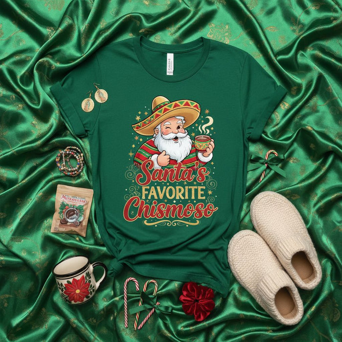 Santa's Favorite Chismoso T-Shirt: Funny Mexican Santa Drinking Coffee Christmas Tee, Holiday Sombrero and Serape Shirt, Festive Green Unisex Gift for Gossip Lovers