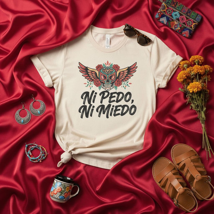 Ni Pedo, Ni Miedo T-Shirt, Sugar Skull Wings Dia de Muertos Shirt, Unisex Latinx Graphic Tee, Calavera Roses Design Top