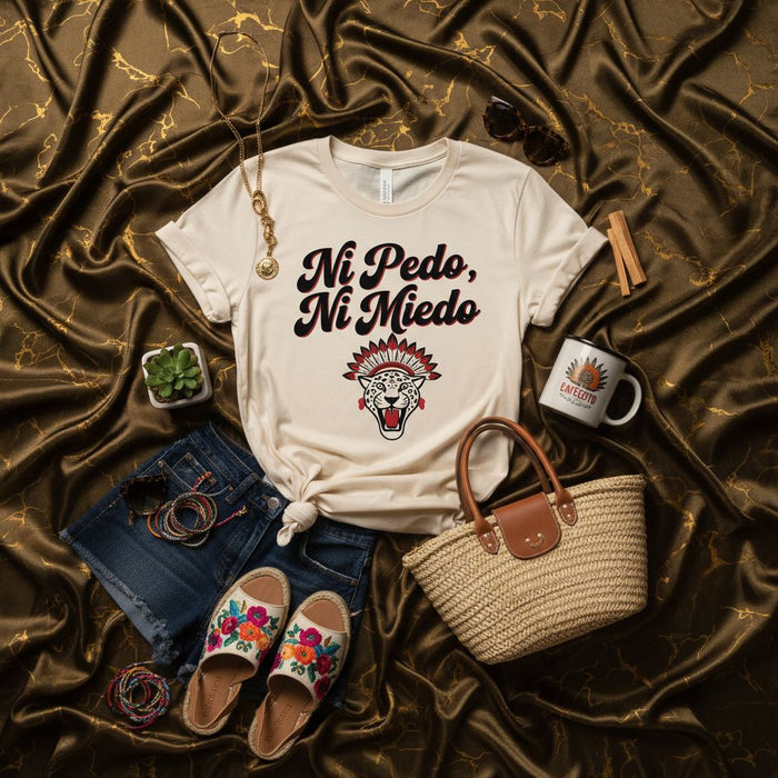 Ni Pedo, Ni Miedo T-Shirt, Leopard Chief Headdress Design, Unisex Spanish Phrase Graphic Tee, Cultural Heritage Apparel, Strength and Fearless Quote Shirt