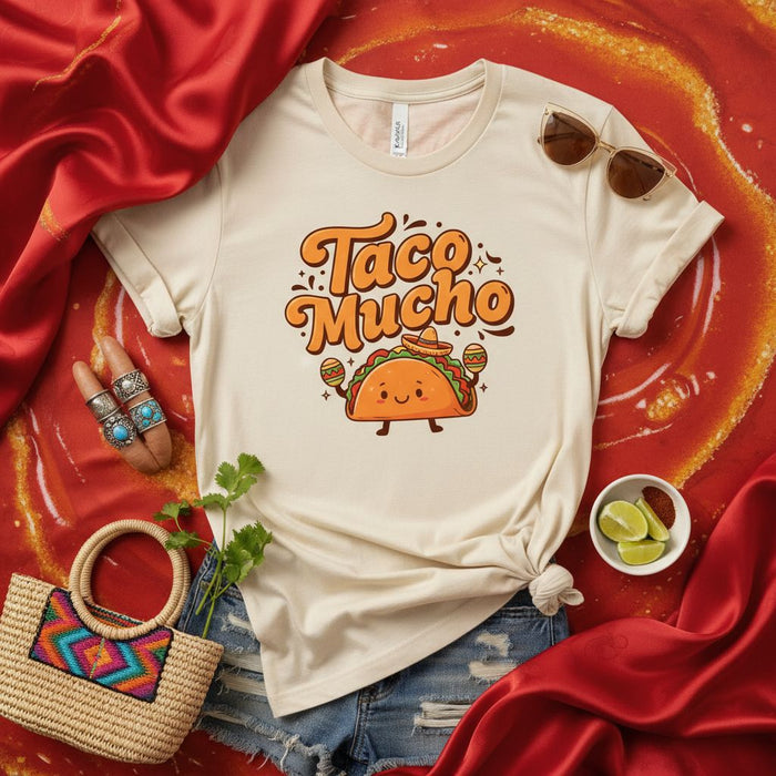 Taco Mucho Shirt, Retro Cute Sombrero Taco Maracas Graphic Tee, Funny Food Pun Mexican Fiesta Unisex T-Shirt, Cinco de Mayo Party Gift Top