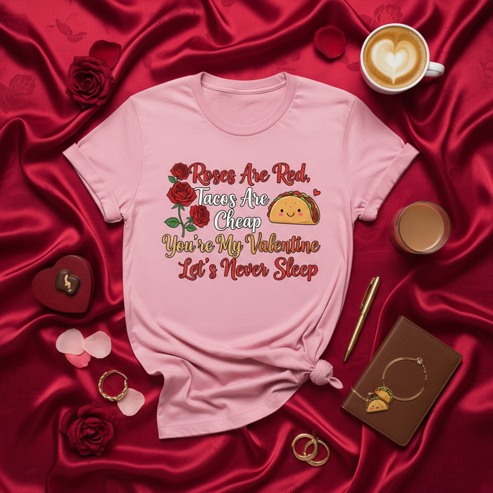 Roses Are Red Tacos Are Cheap You're My Valentine Let's Never Sleep, Funny Taco Valentine's Day Shirt, Cute Kawaii Taco Gift Tee, Punny Love Poetry T-Shirt, Foodie Couple Humor Top.