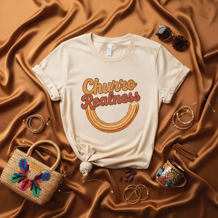 Churro Realness Shirt, Funny Foodie T-Shirt, Dessert Lover Gift, Sweet Snack Graphic Tee, Casual Unisex Apparel with Retro Text and Churro Smile Design