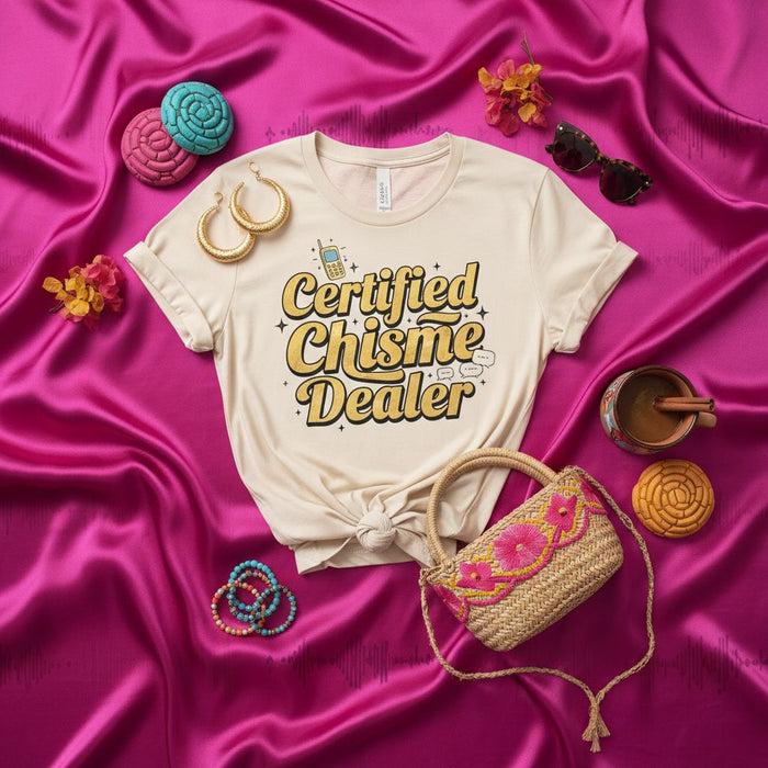 Certified Chisme Dealer T-Shirt, Funny Spanish Slang Gossip Tee, Latina Humor Gift Shirt, Unisex Retro Graphic Tee Shirt for Chismosa Friends, Comical Statement Shirt with Cell Phone Graphic