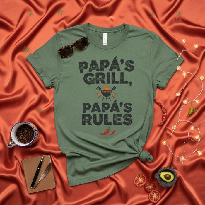 Papá's Grill, Papá's Rules T-Shirt - Funny Spanish English Dad BBQ Grilling Shirt - Father's Day Gift - Unisex Short Sleeve Tee for Barbecue Lovers