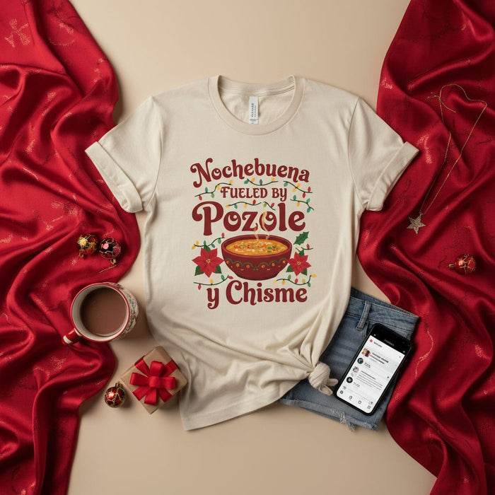 Nochebuena Fueled by Pozole y Chisme Christmas Shirt, Funny Mexican Food Holiday T-Shirt, Spanish Christmas Eve Party Tee, Fiesta Gift for Mom Sister Friend, Cute Poinsettia Soup Bowl Design