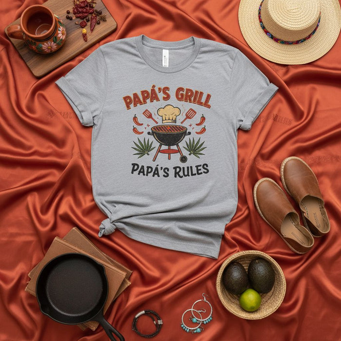 Papá's Grill Papá's Rules T-Shirt - Funny Father's Day BBQ Grilling Dad Shirt with Chef Hat and Charcoal Grill Graphic, Unisex Present for Papa Who Loves to Cook and Barbecue