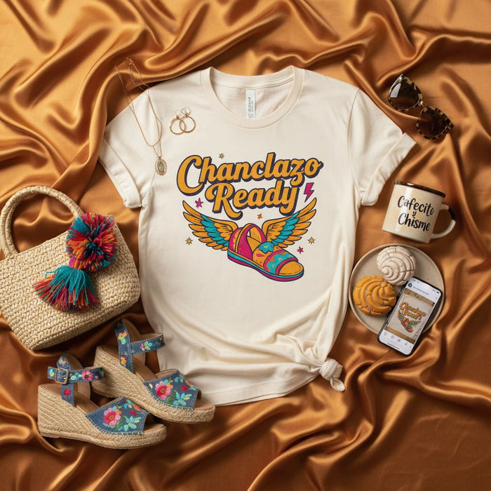 Chanclazo Ready T-Shirt with Winged Sandal Graphic, Funny Latina Mom Culture Gift Tee, Retro Style Spanish English Phrase Shirt, Unisex Fit