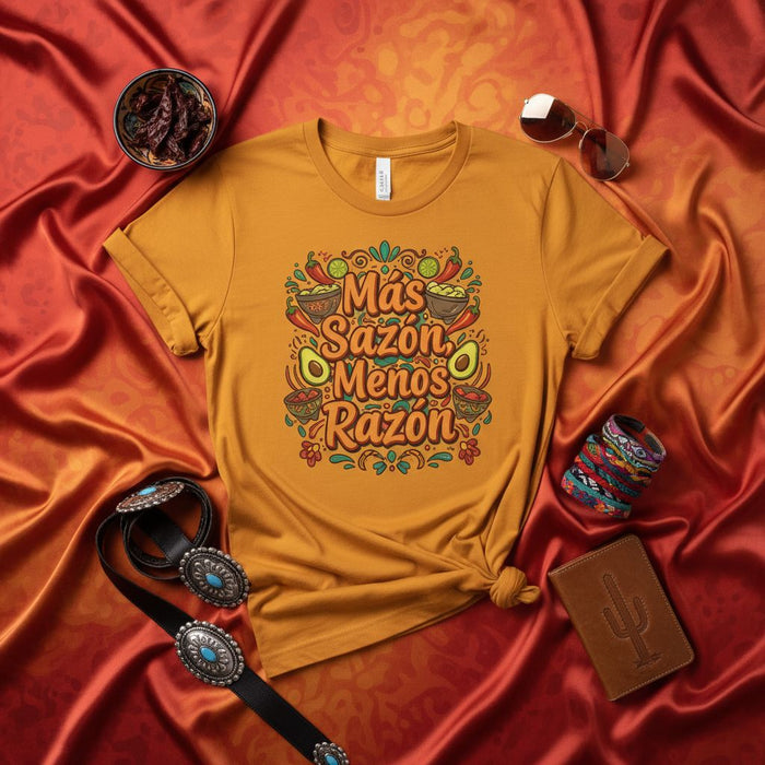 Más Sazón Menos Razón T-Shirt | Spicy Foodie Tee | Spanish Flavor Saying Shirt | Avocado and Chili Pepper Graphic Unisex Top | Mexican Food Lover Gift Idea
