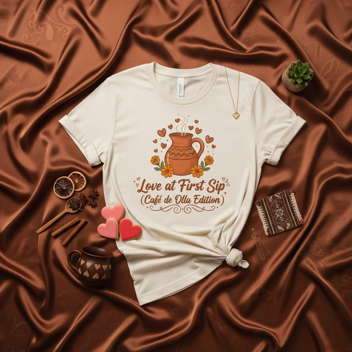 Maglietta "Amore al Primo Sorso" (Edizione Café de Olla): Maglietta Grafica Unisex con Design Tradizionale di Caffè Messicano in Vaso di Argilla, Cuori, Fiori e Tema Cultura Gastronomica Ispanica.