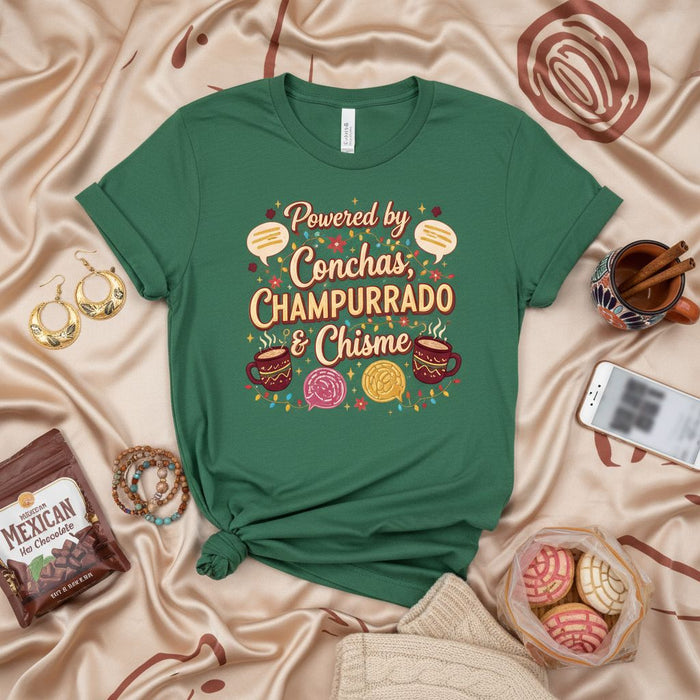 Powered by Conchas Champurrado & Chisme T-Shirt, Funny Mexican Pan Dulce Hot Chocolate Latinx Culture Tee, Unisex Spanish Language Gift for Amigas.