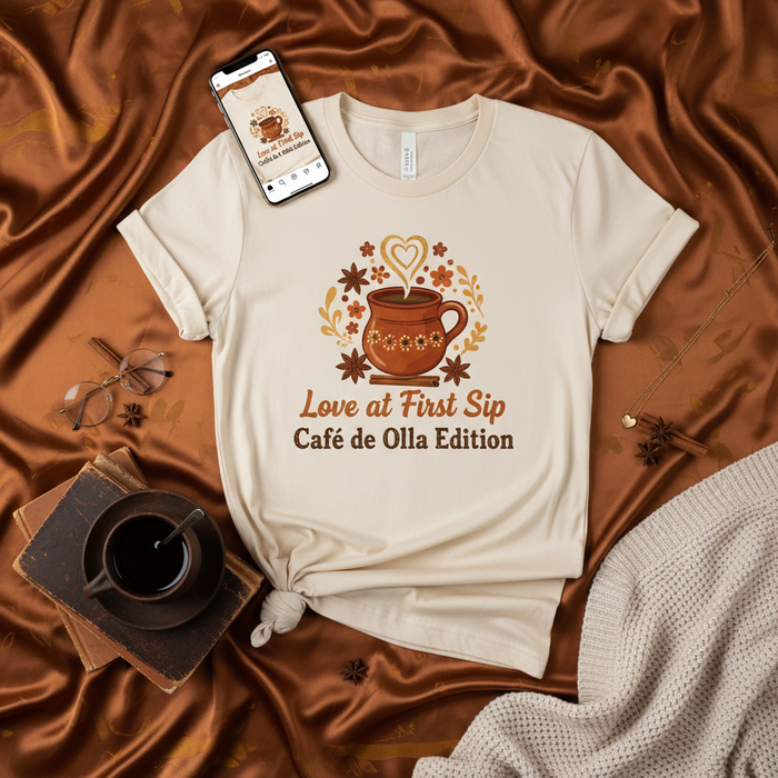 Love at First Sip Café de Olla Edition Unisex T-Shirt, Mexican Coffee Mug Design, Spices, Autumn, Fall Vibes, Cute Foodie Graphic Tee Gift for Coffee Lovers, Latinx Inspired Merch