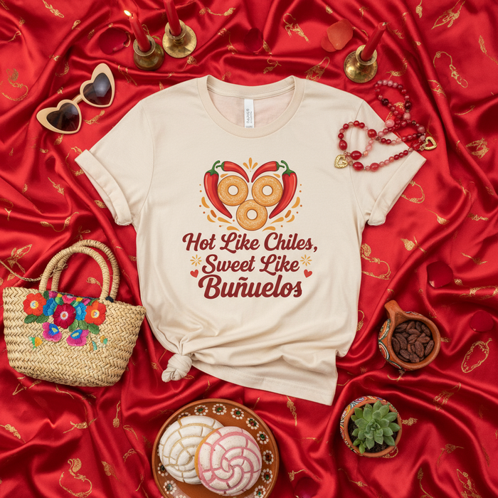 Hot Like Chiles Sweet Like Buñuelos T-Shirt, Spicy Chili Pepper Donut Dessert Graphic Tee, Mexican Food Lover Shirt, Latina Gift, Cinco de Mayo, Funny Unisex Shirt